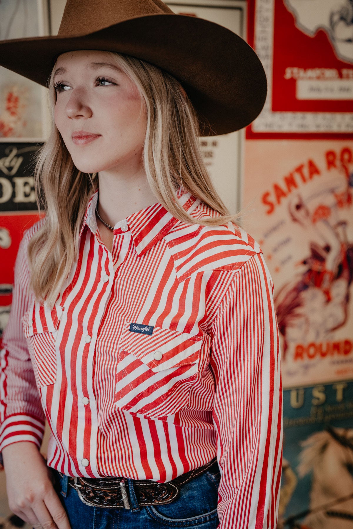 'Janessa' Wrangler Women's Red/White Striped Pearl Snap (S-XL)
