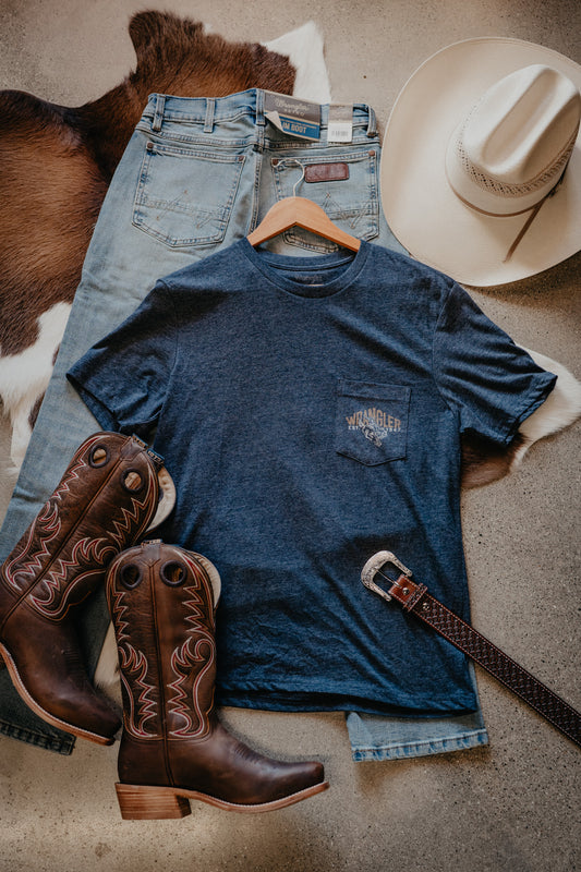'Ronnie' Men's Wrangler Bronc Horse Navy Pocket T-shirt (S-XXL)