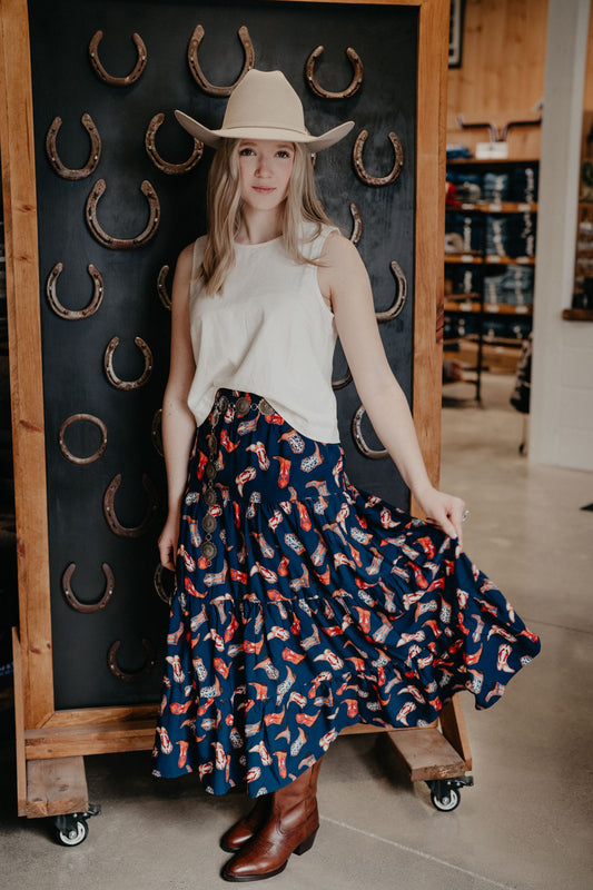 'Maxine' Navy Boot Print Tiered Maxi Skirt by Wrangler (S - XXL)