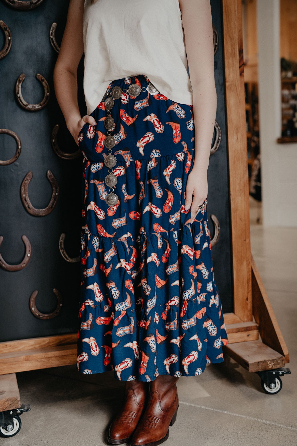 'Maxine' Navy Boot Print Tiered Maxi Skirt by Wrangler (S - XXL)