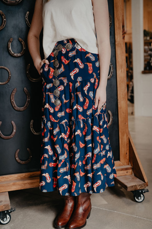 'Maxine' Navy Boot Print Tiered Maxi Skirt by Wrangler (S - XXL)