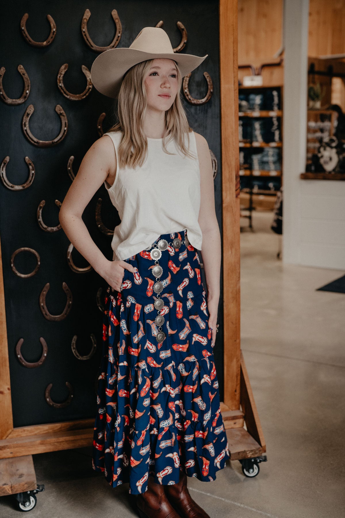 'Maxine' Navy Boot Print Tiered Maxi Skirt by Wrangler (S - XXL)