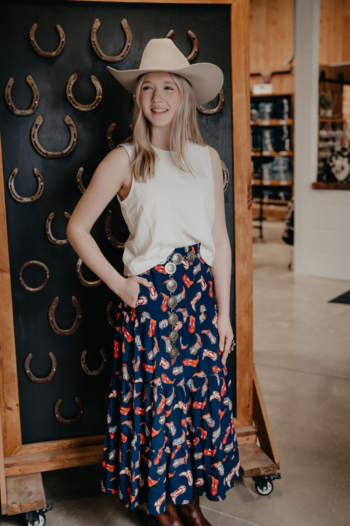'Maxine' Navy Boot Print Tiered Maxi Skirt by Wrangler (S - XXL)