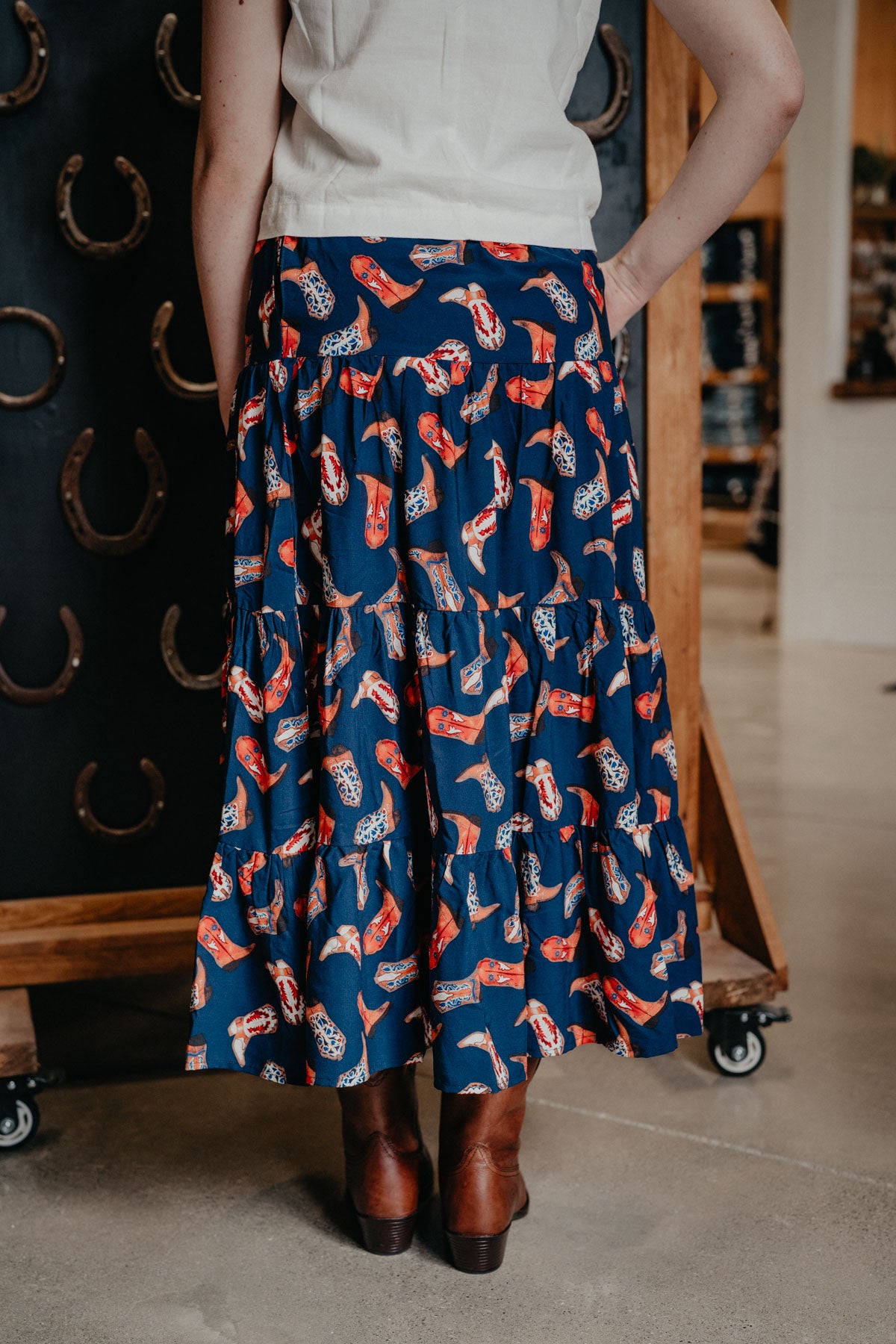 'Maxine' Navy Boot Print Tiered Maxi Skirt by Wrangler (S - XXL)