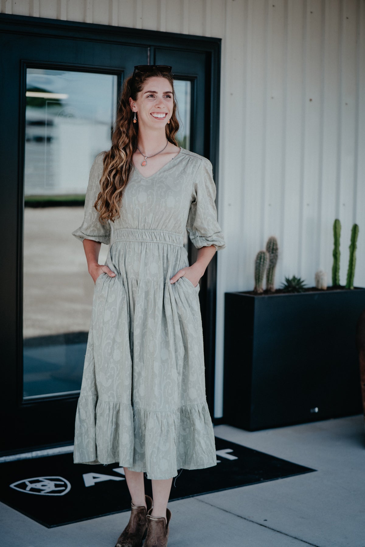 'Jacqulyn' Sage Jacquard Midi Dress (S - XL)