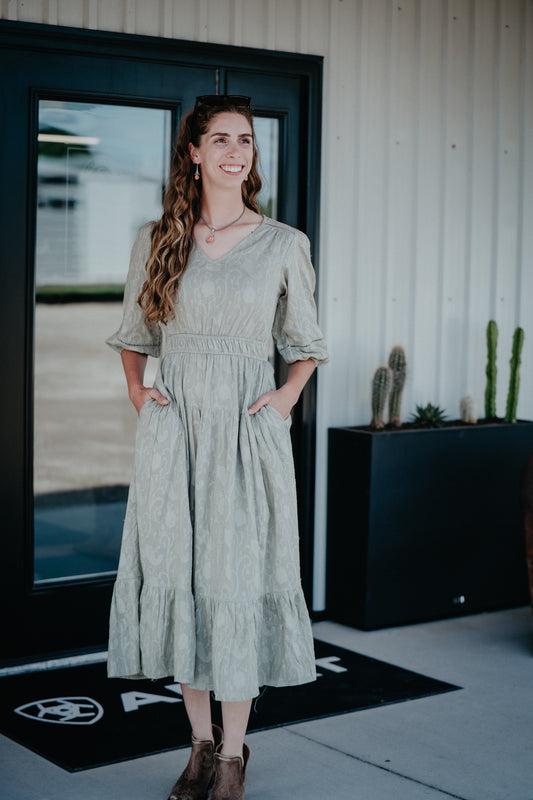 'Jacqulyn' Sage Jacquard Midi Dress (S - XL)
