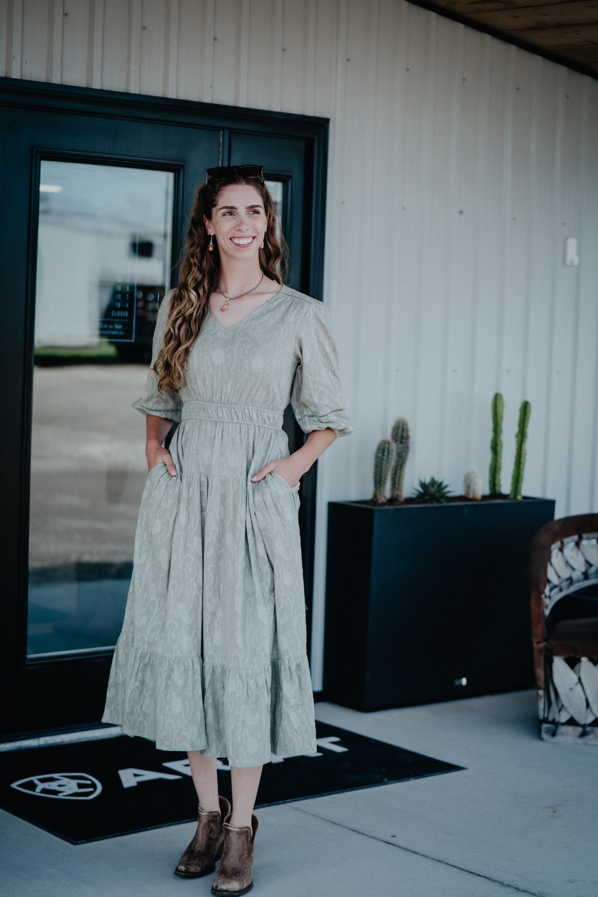 'Jacqulyn' Sage Jacquard Midi Dress (S - XL)
