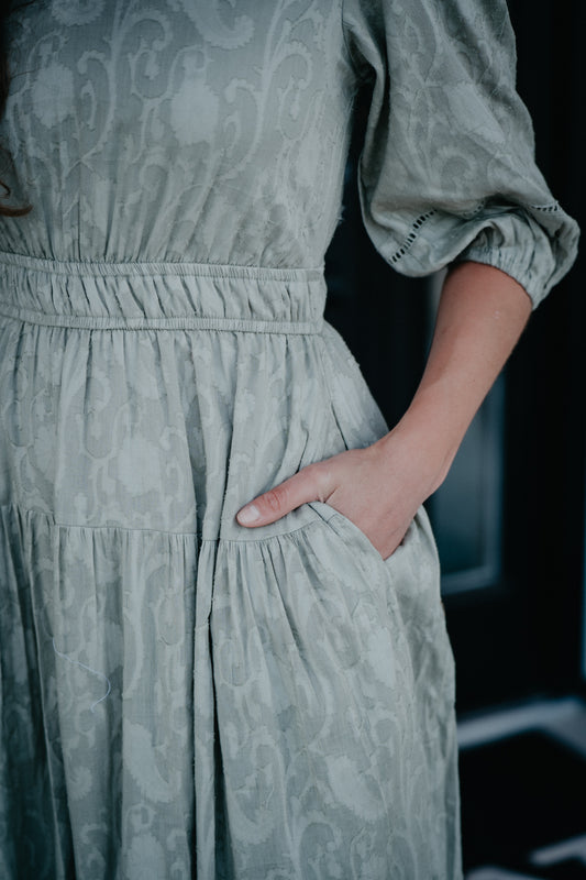 'Jacqulyn' Sage Jacquard Midi Dress (S - XL)