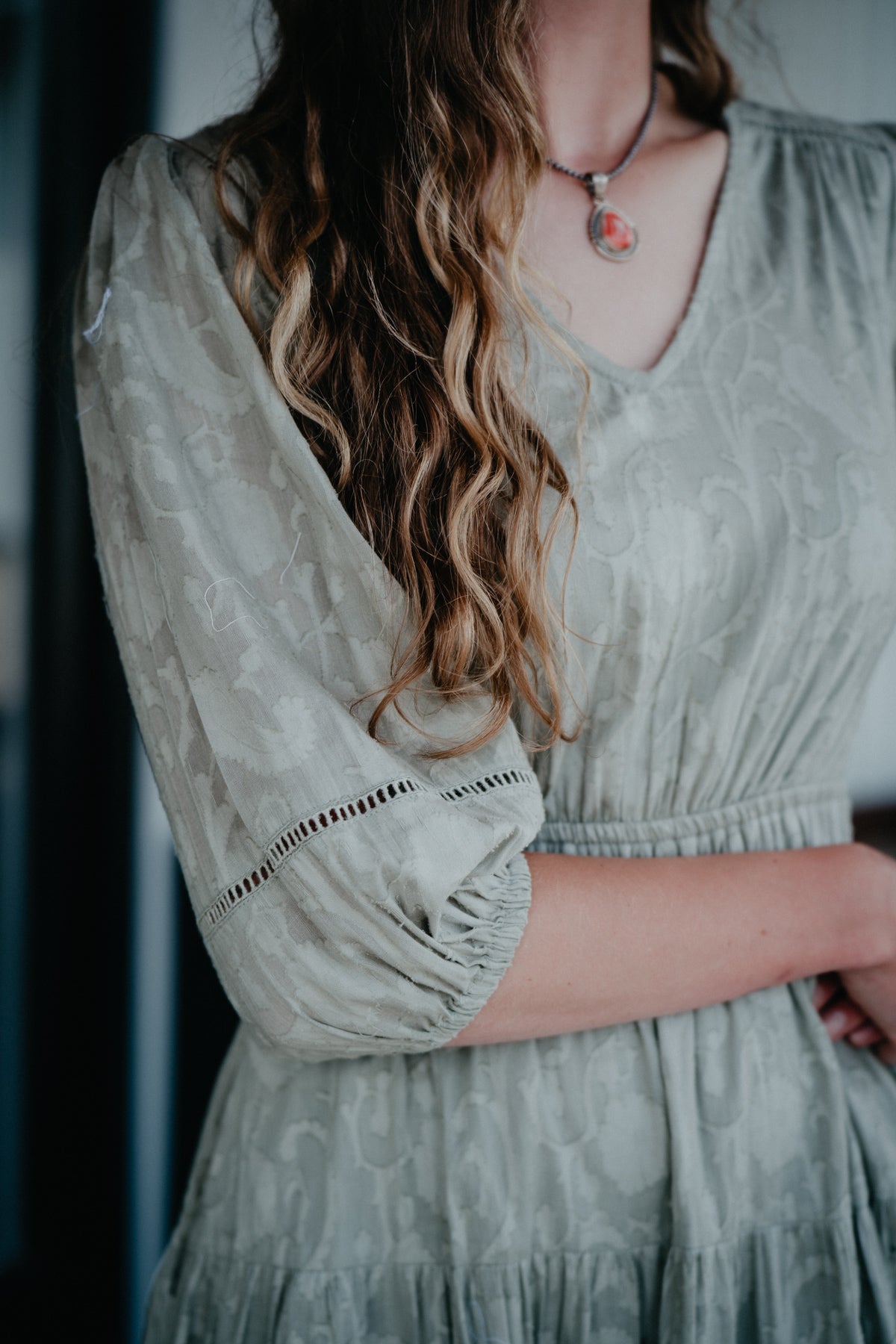 'Jacqulyn' Sage Jacquard Midi Dress (S - XL)