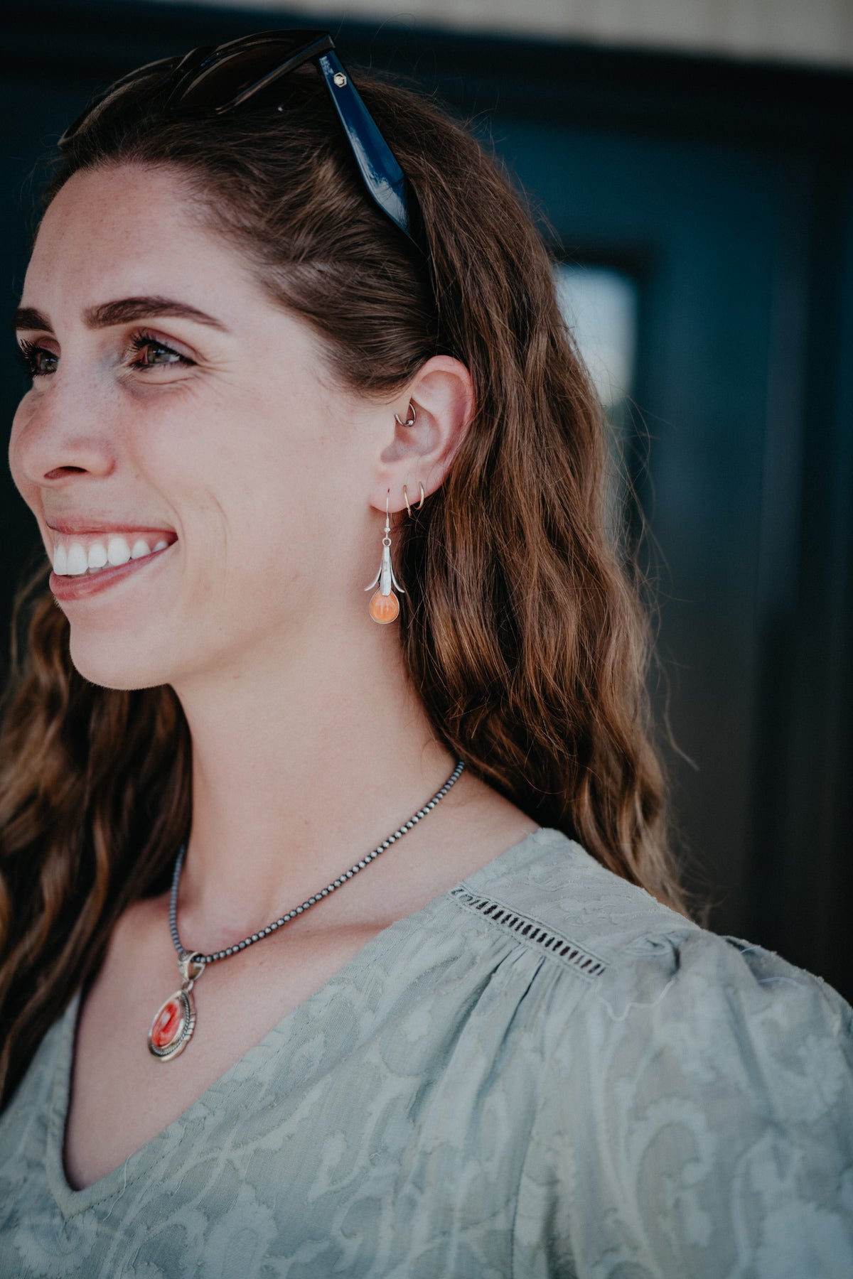 Spiny Oyster & Silver Teardrop Earrings