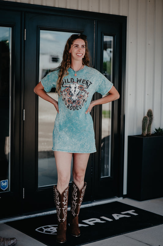 'Wildflower' Mineral Wash Teal T-Shirt Dress by Rock & Roll (XS-XXL)