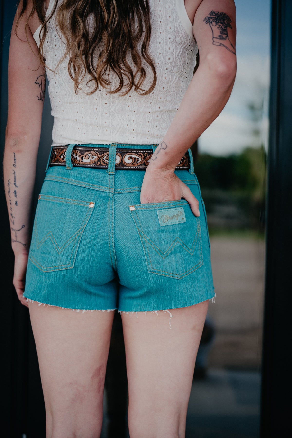 'Taylor' Wrangler X Lainey Wilson Turquoise Cowboy Shorts (24-33)