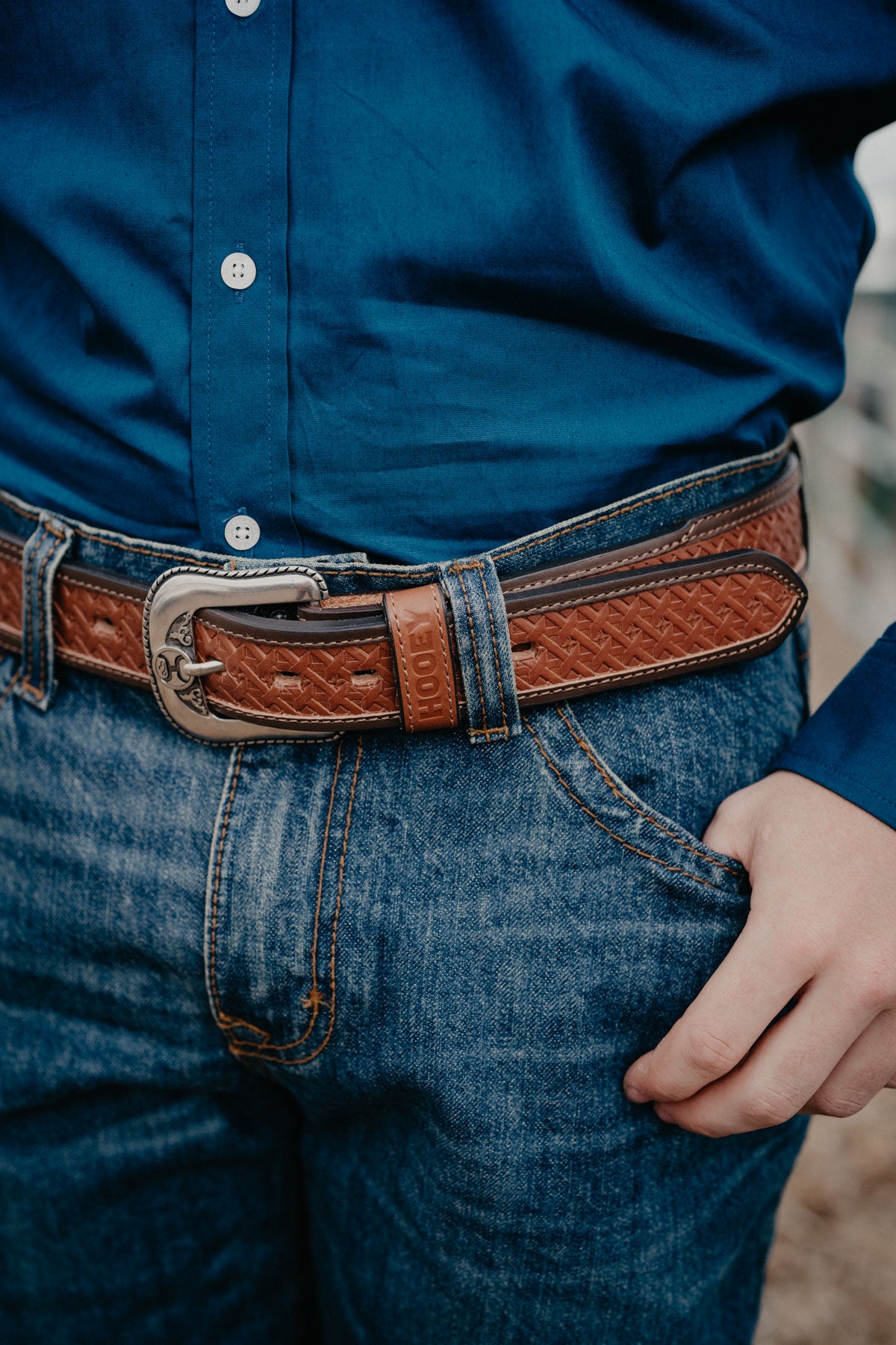 'Hands-Up' Basket Weave Hooey Embossed Natural Leather belt by Hooey (32-44)