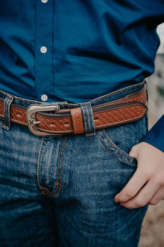 'Hands-Up' Basket Weave Hooey Embossed Natural Leather belt by Hooey (32-44)