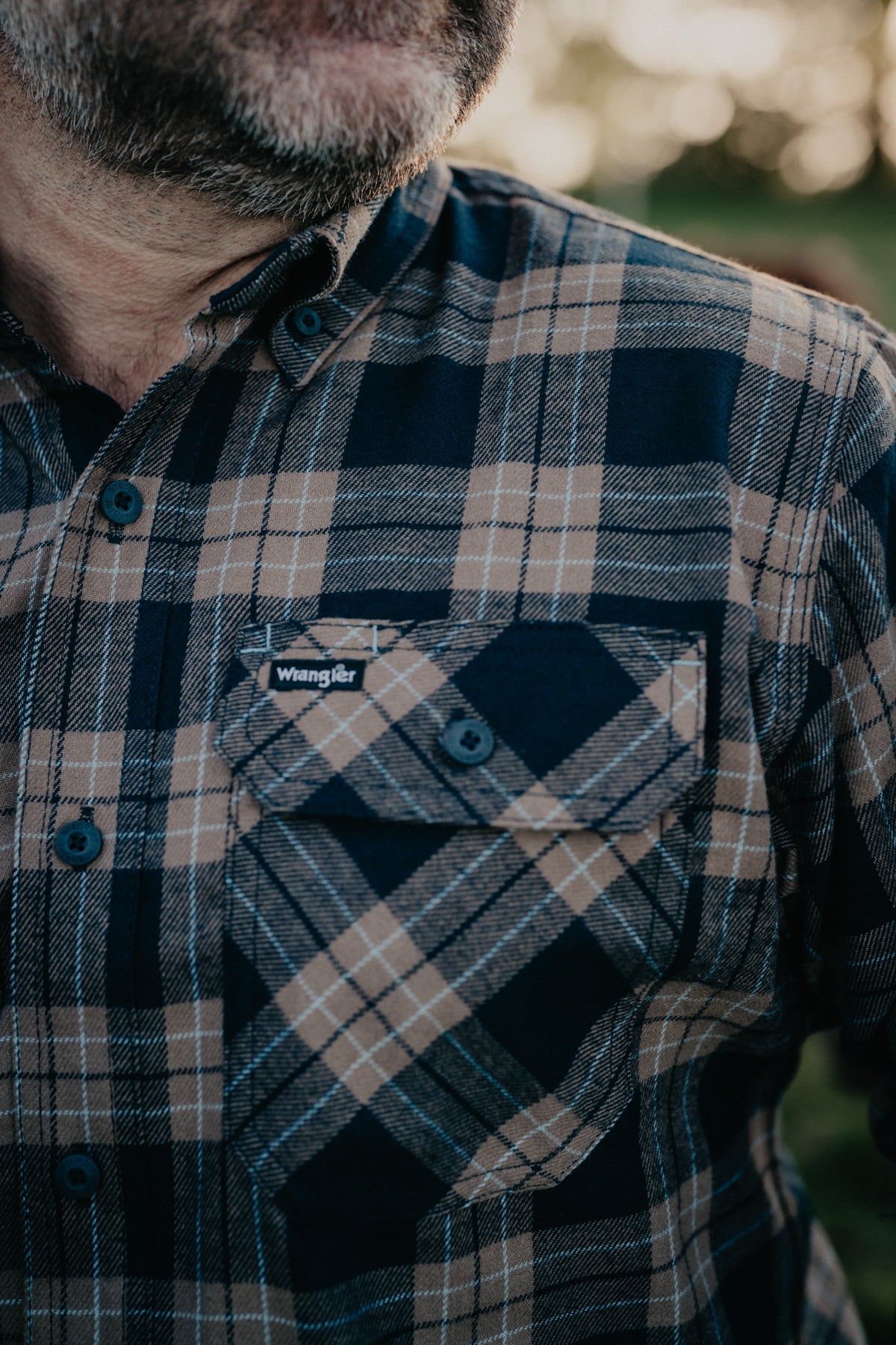 'Flint' Navy and Tan Flannel Button Down by Wrangler