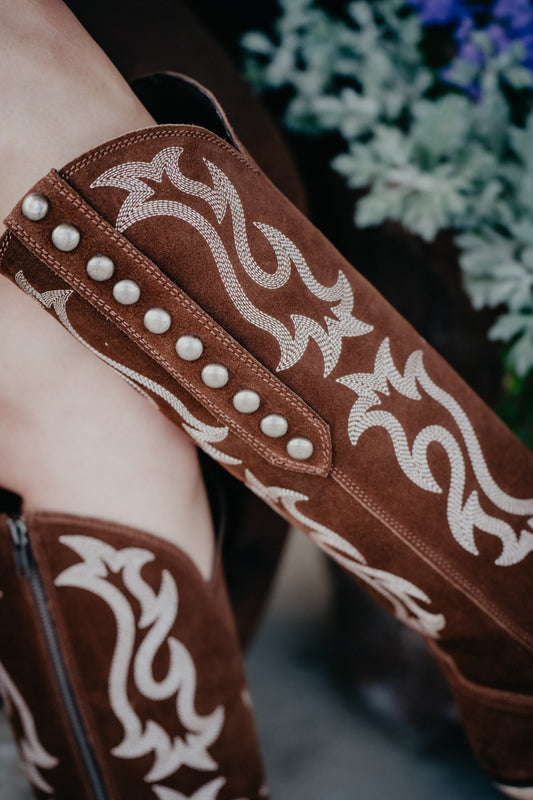 'Mia' Chocolate Suede Tall Studded Boot (Regular & Wide Calf)