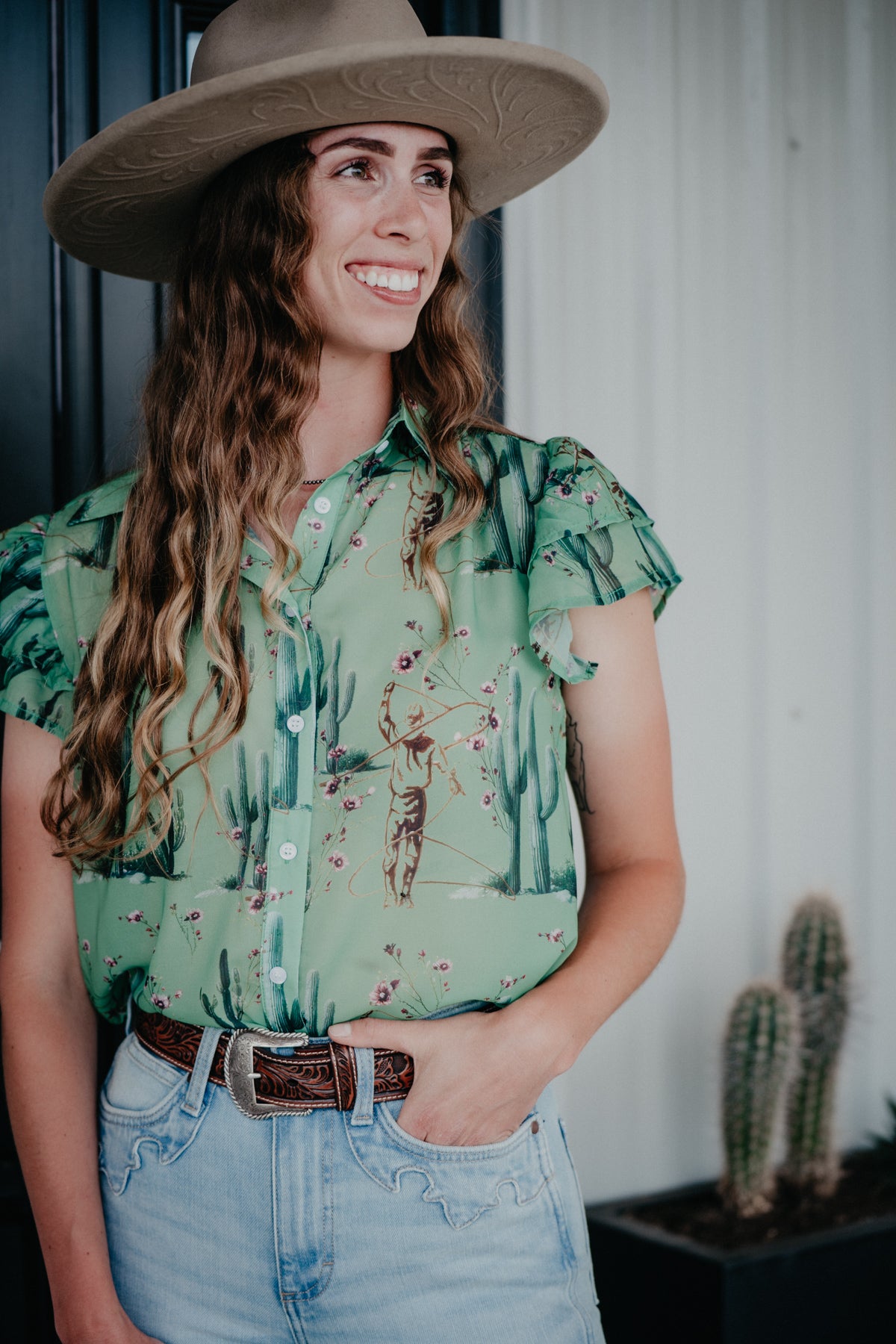 'Coral Cactus' Double Flutter Blouse (S-XL)