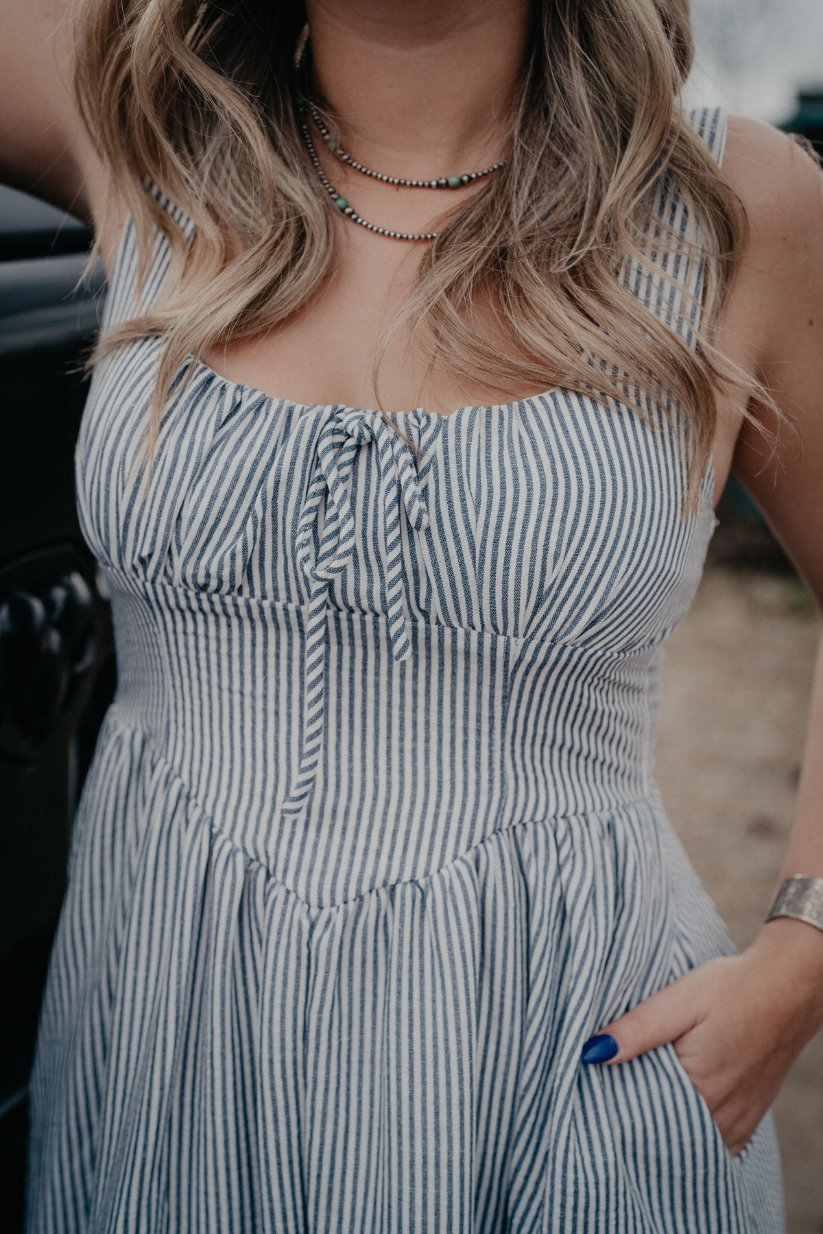 'Tori' Sleeveless Navy and White Pin Stripe Dress (S-L)