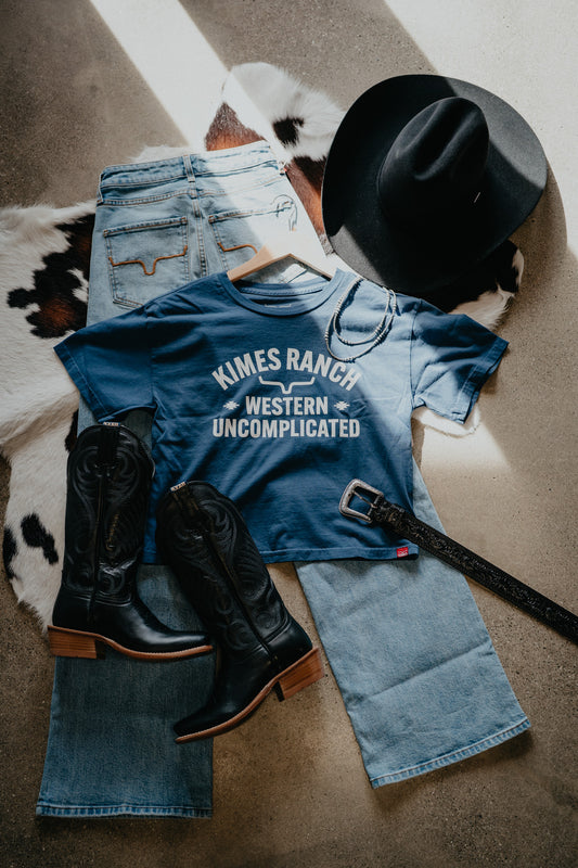 'Cavell' Dark Blue Cropped T-Shirt by Kimes Ranch