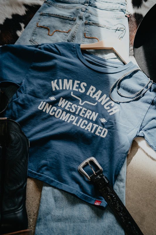 'Cavell' Dark Blue Cropped T-Shirt by Kimes Ranch