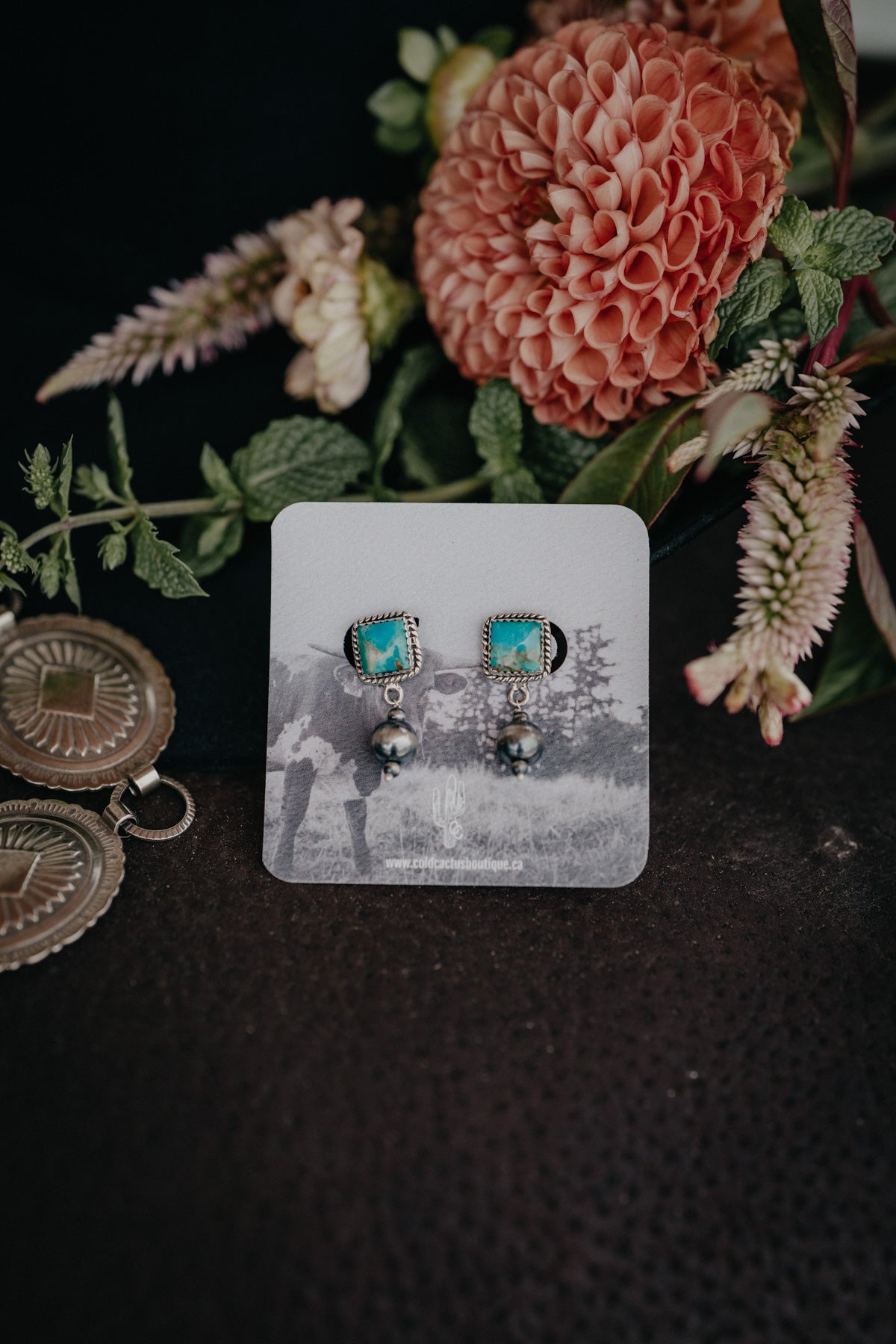 Kingman Turquoise Studded Square with Hanging Navajo Pearl