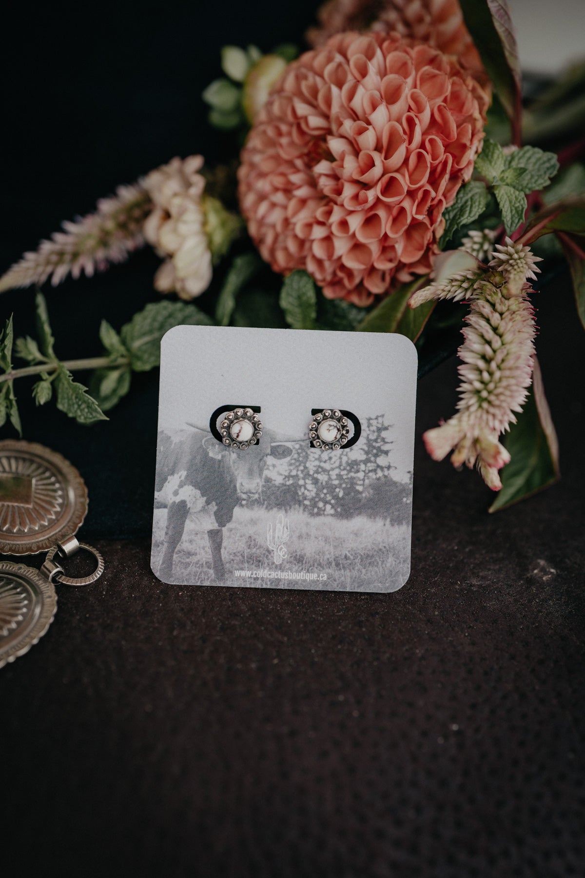 White Horse Stone with Studded Boarder Earrings