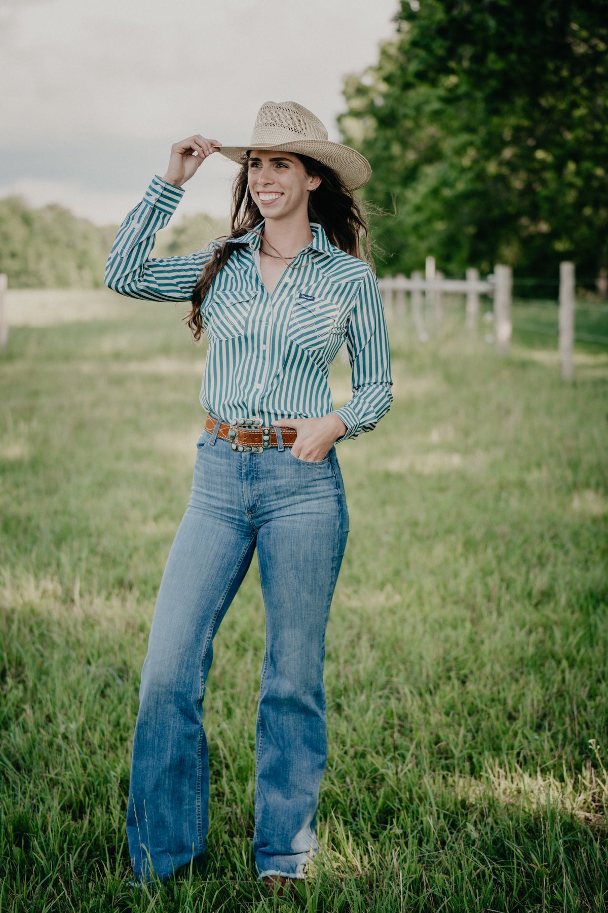 'Evergreen' Wrangler Women's Athletic Green Stripe Button Up (XS-XXL)