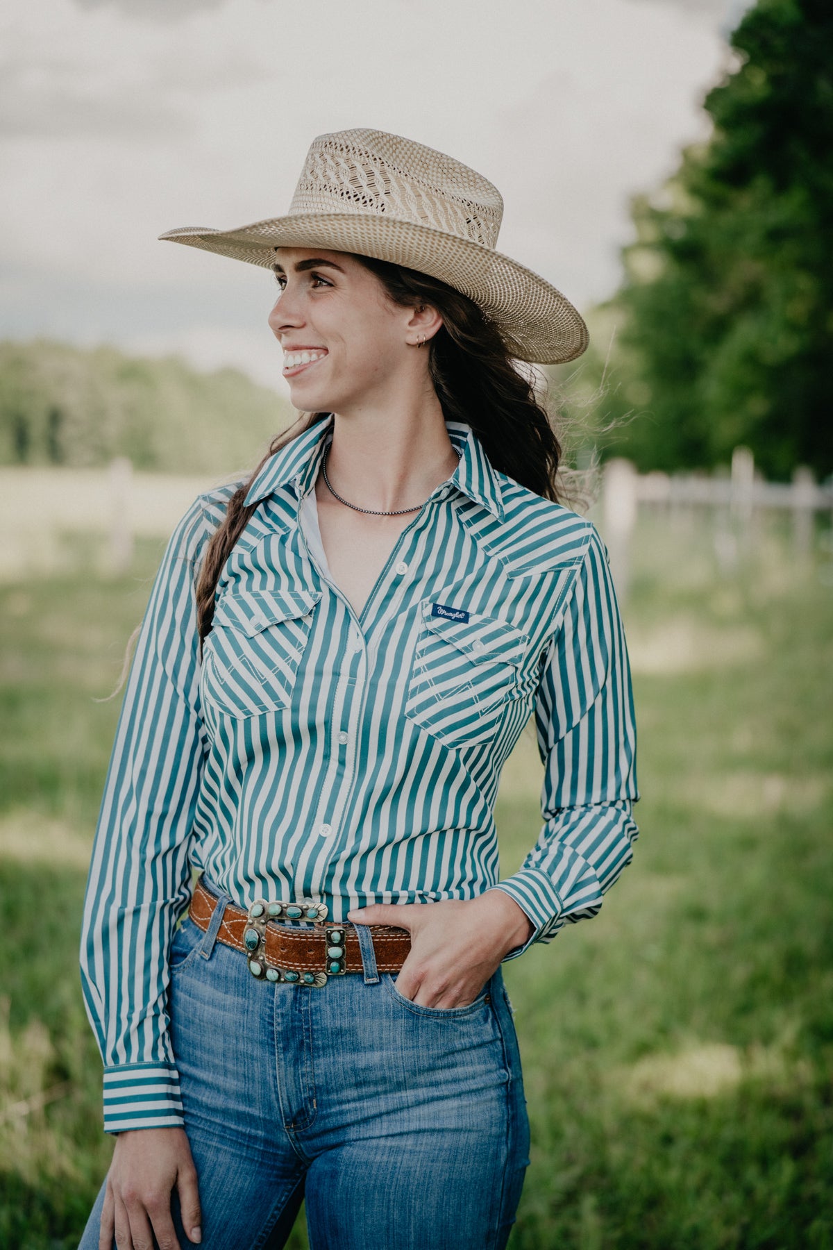 'Evergreen' Wrangler Women's Athletic Green Stripe Button Up (XS-XXL)