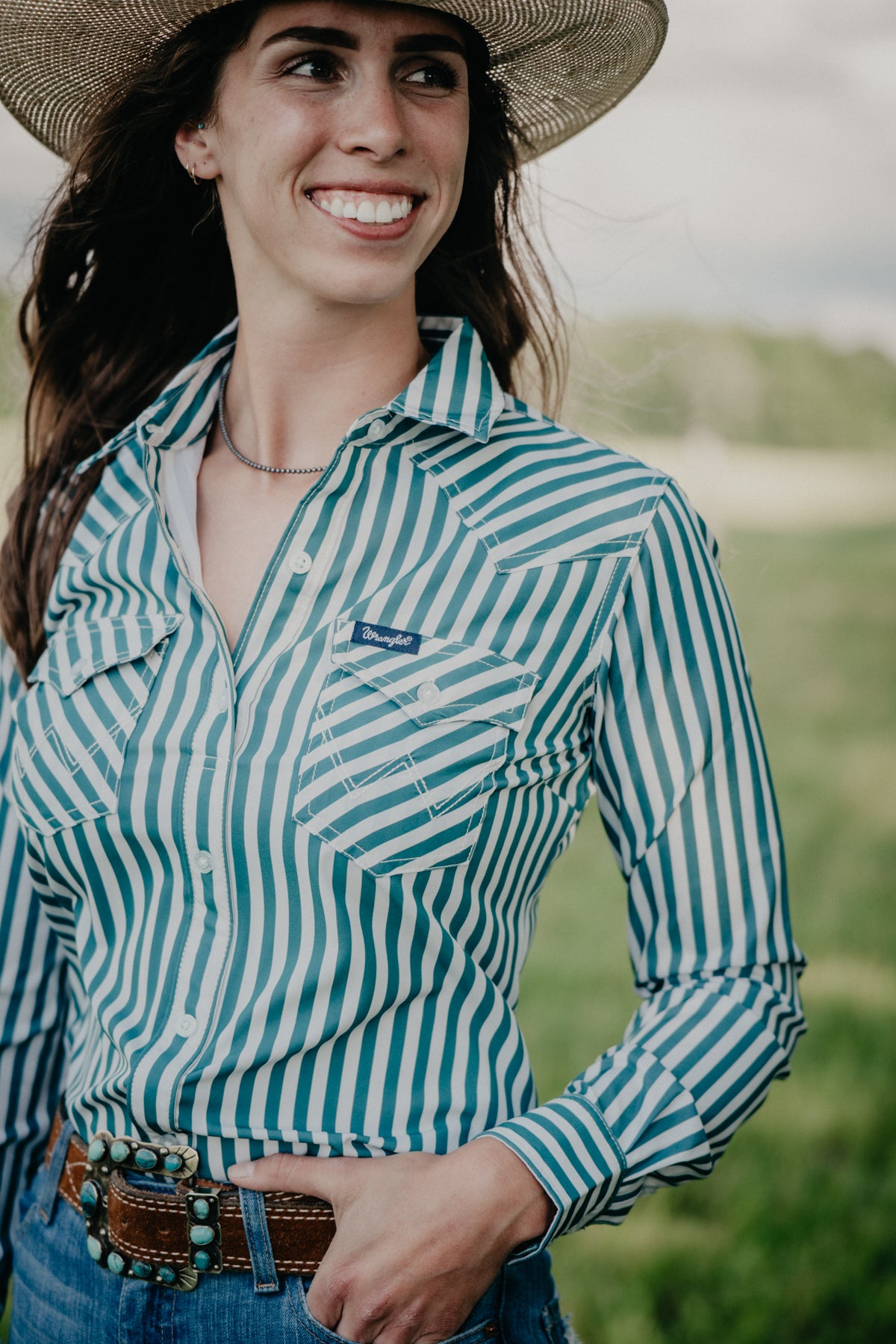 'Evergreen' Wrangler Women's Athletic Green Stripe Button Up (XS-XXL)