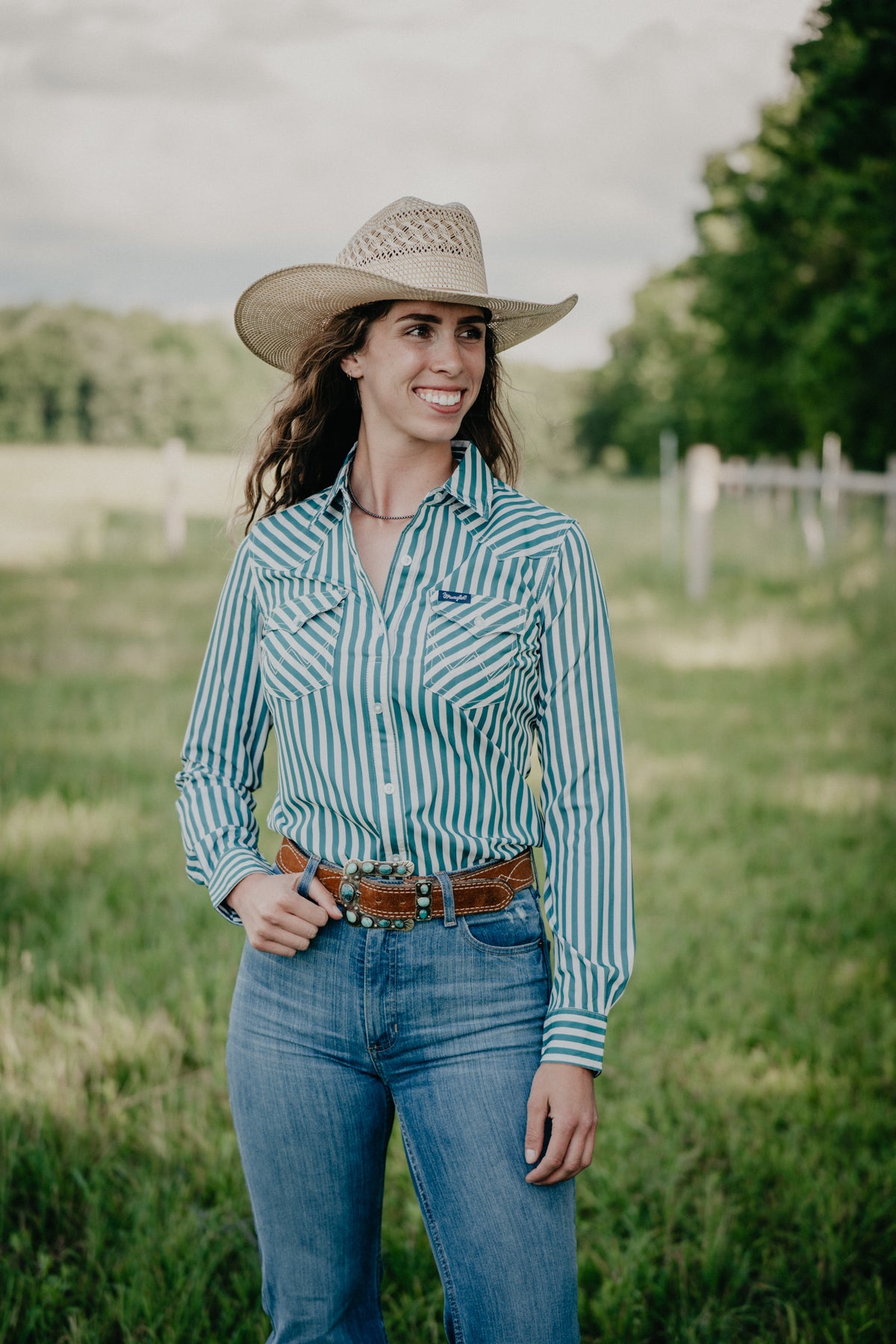 'Evergreen' Wrangler Women's Athletic Green Stripe Button Up (XS-XXL)