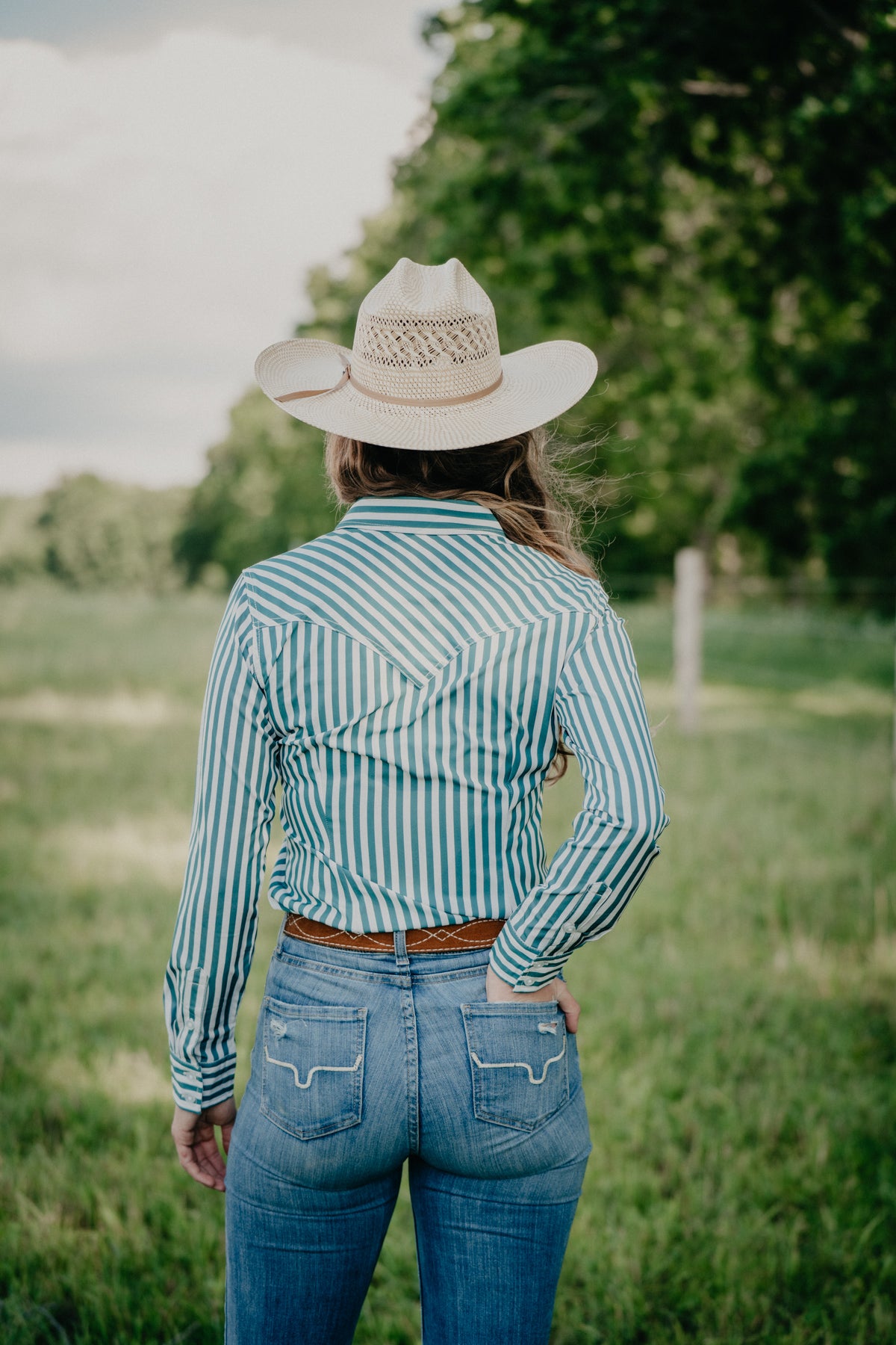 'Evergreen' Wrangler Women's Athletic Green Stripe Button Up (XS-XXL)