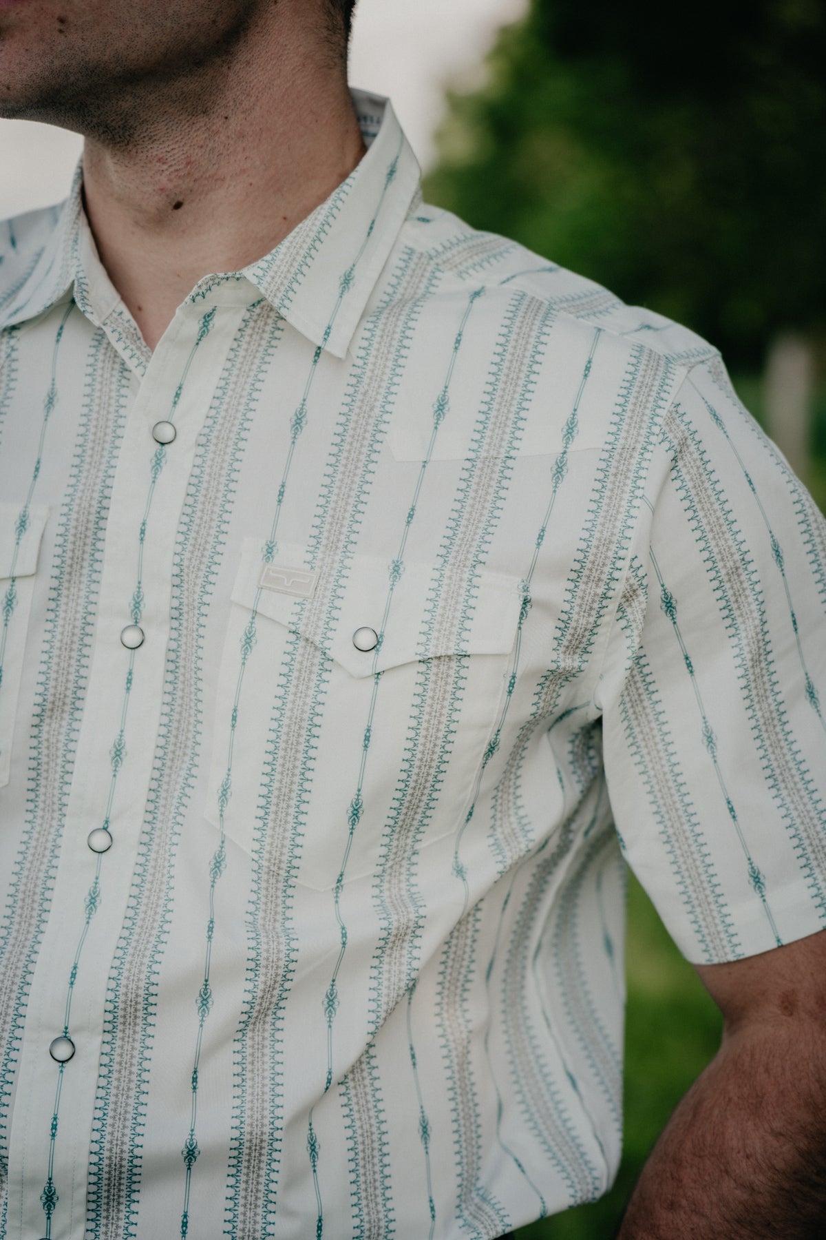 'Sonny' Men's Kimes Short Sleeve Ivory/Green Pearl Snap Shirt