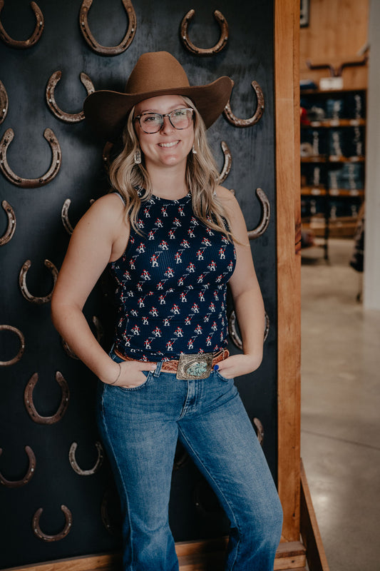 'Jamie' Women's Wrangler Cowboy Print Navy Tank Top (S-XXL)