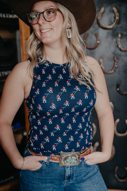 'Jamie' Women's Wrangler Cowboy Print Navy Tank Top (S-XXL)