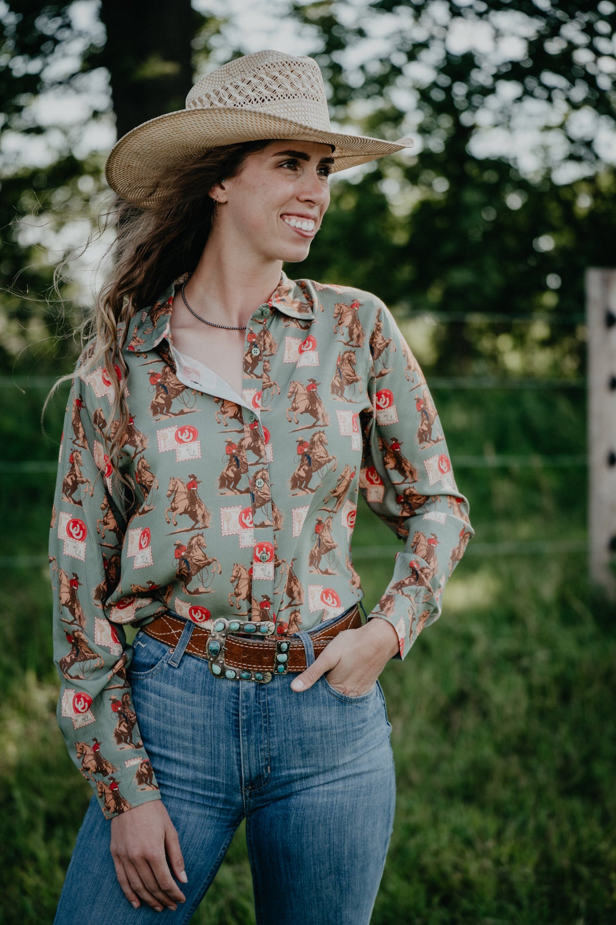 'Cowboy Stamps' Sage Green Long Sleeve Button Up by Panhandle Slim (S-XXL)