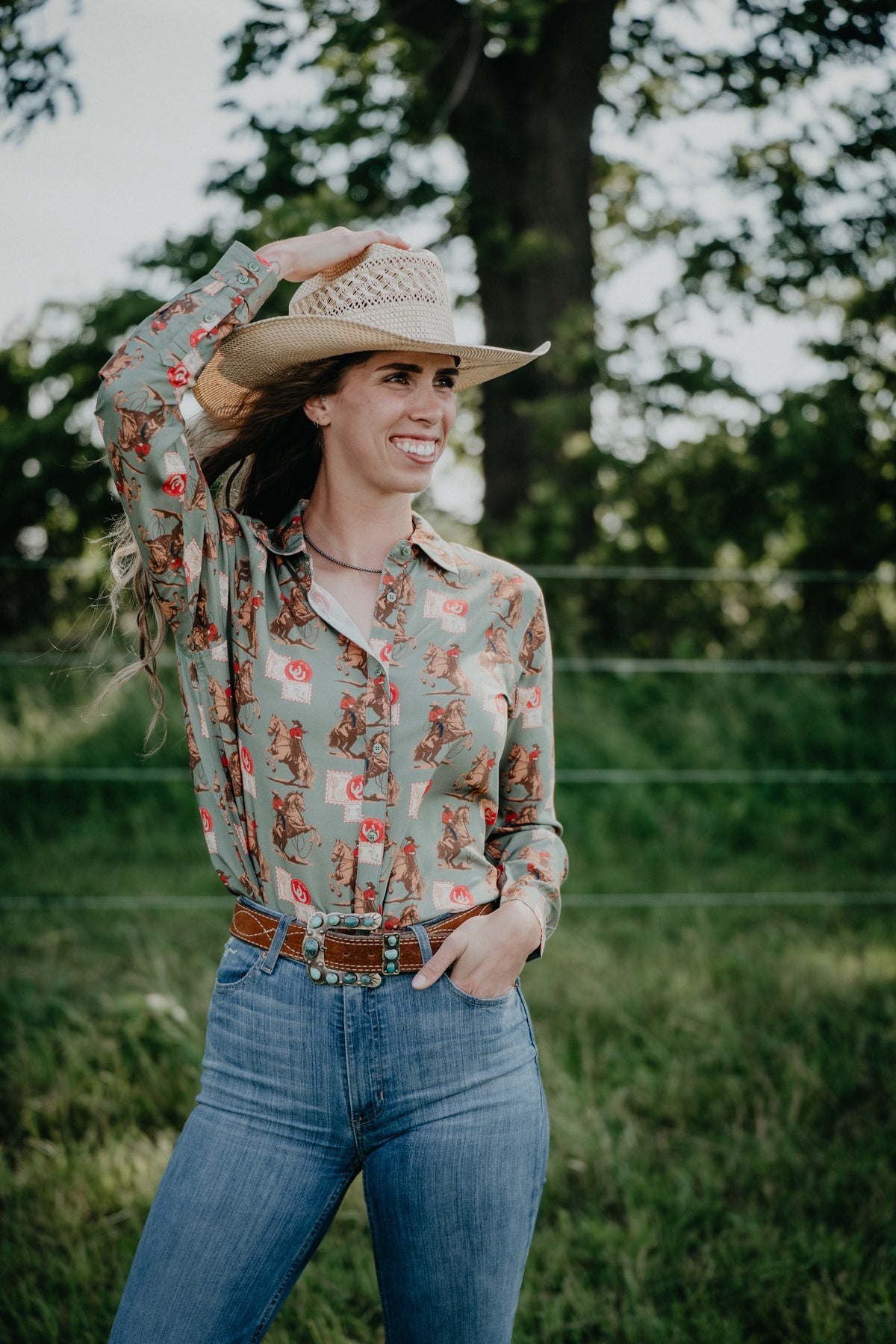 'Cowboy Stamps' Sage Green Long Sleeve Button Up by Panhandle Slim (S-XXL)