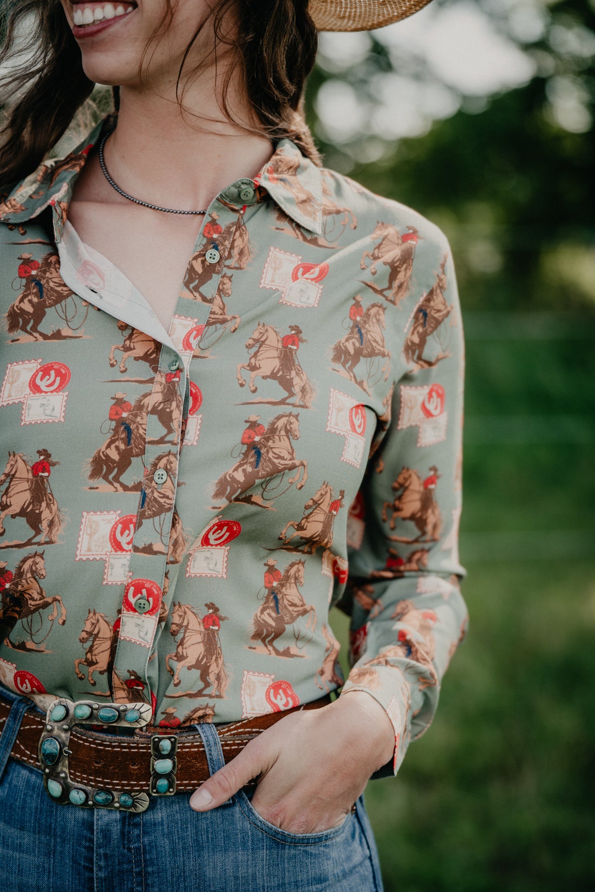 'Cowboy Stamps' Sage Green Long Sleeve Button Up by Panhandle Slim (S-XXL)
