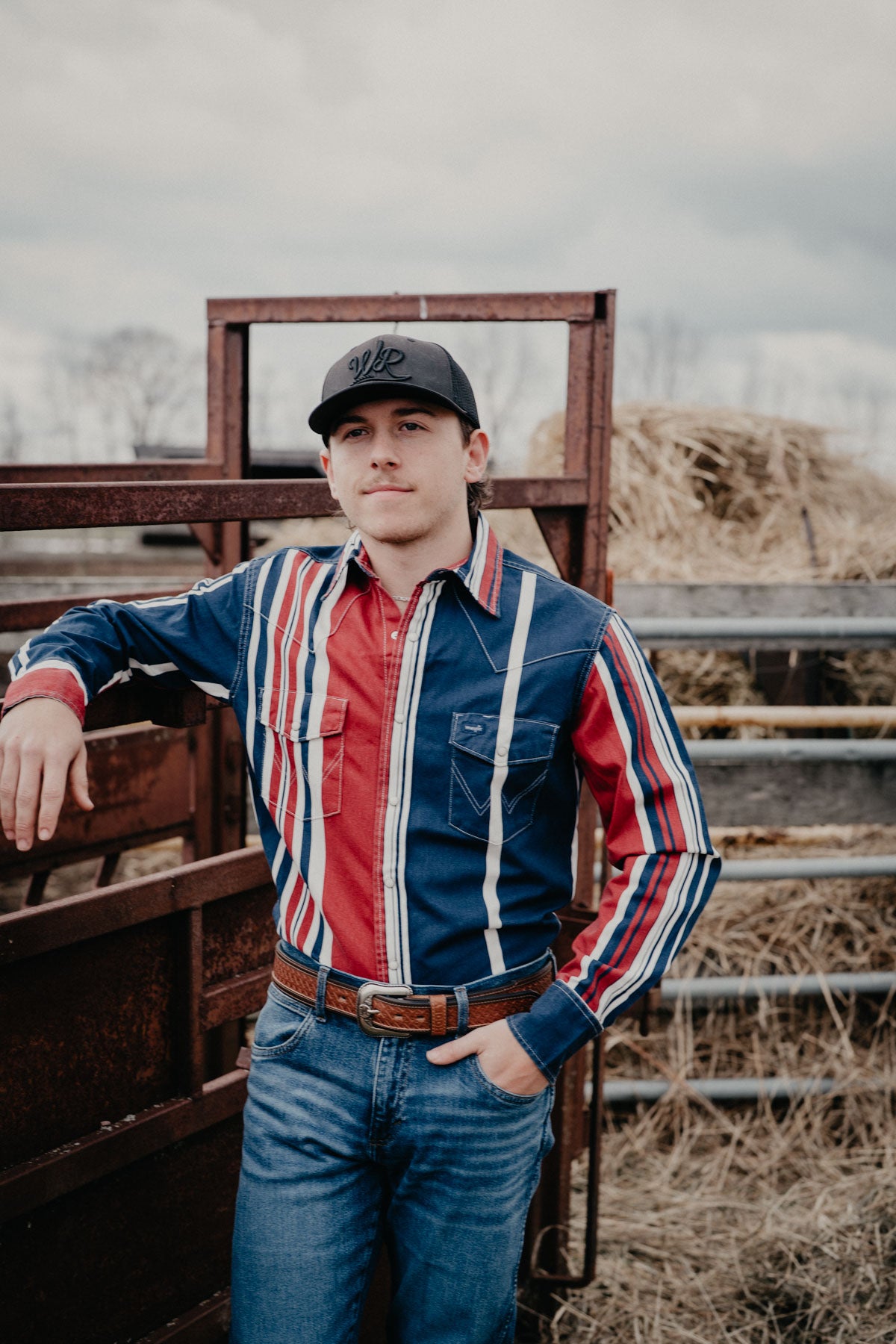 'Cody' Wrangler Men's Retro Red/Blue Striped BrushPopper Long Sleeve Shirt (S-XXL)
