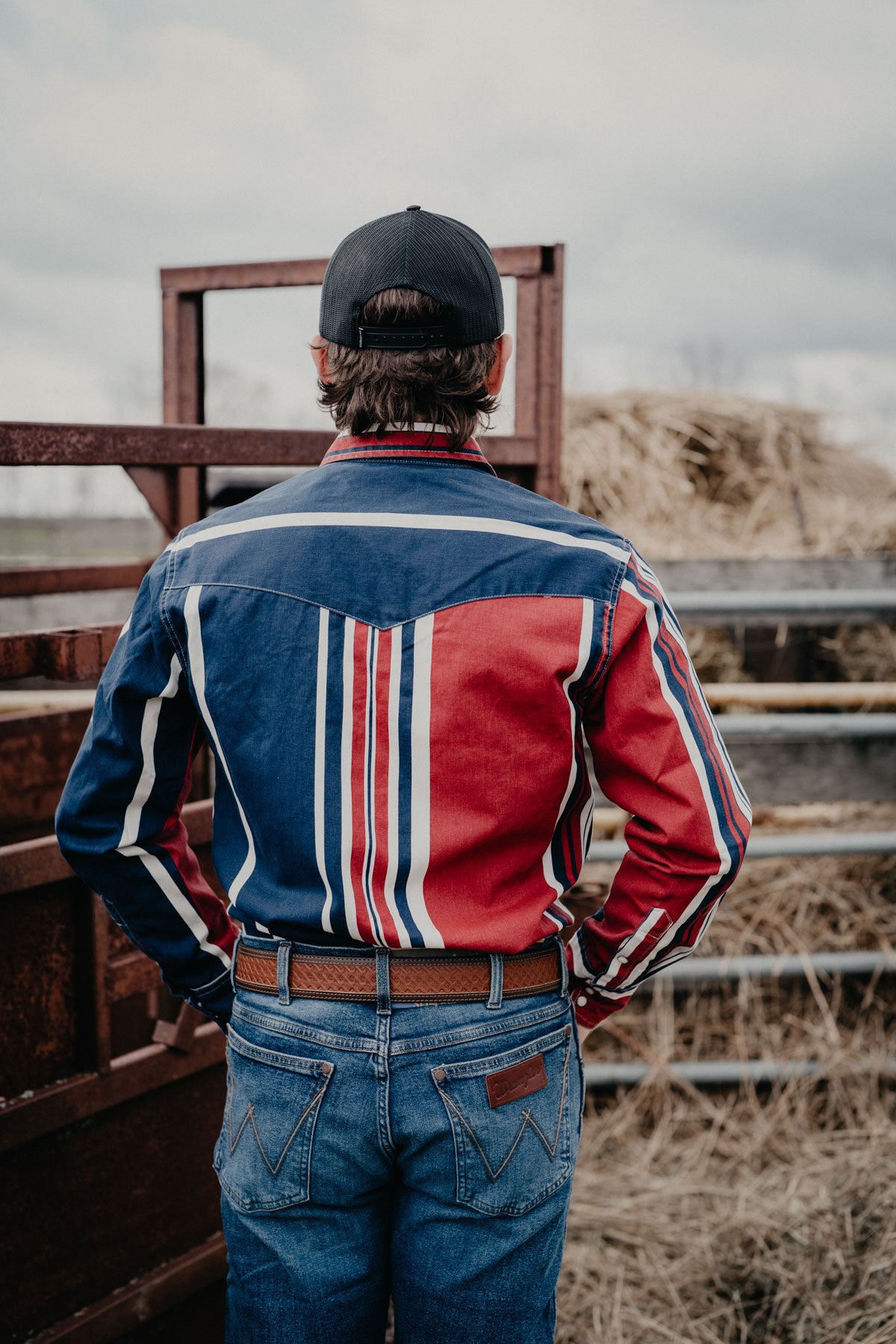 'Cody' Wrangler Men's Retro Red/Blue Striped BrushPopper Long Sleeve Shirt (S-XXL)
