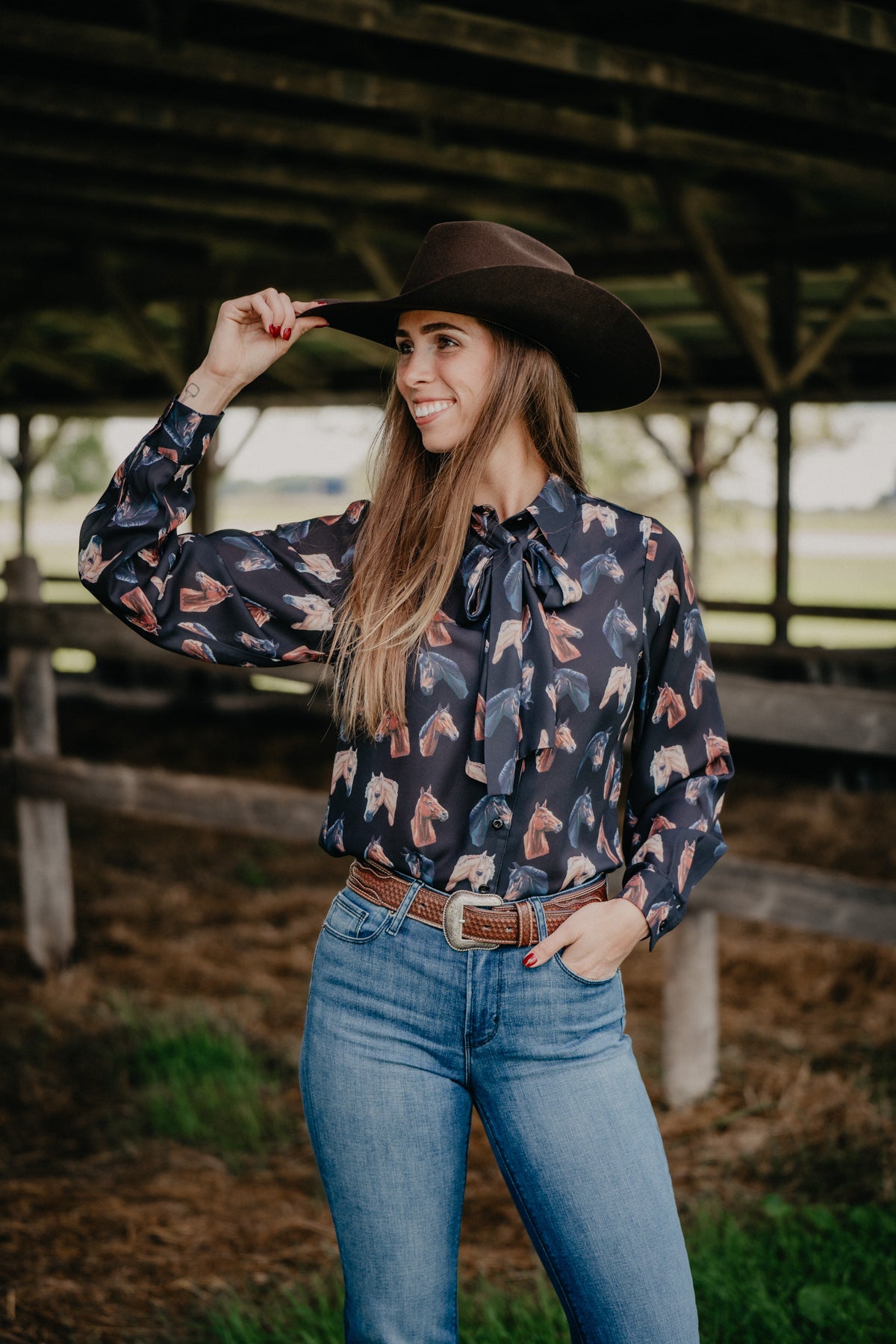 'Charlotte' Women's Black Horse Print Tie Button Up Blouse
