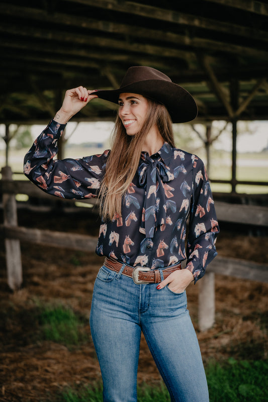 'Charlotte' Women's Black Horse Print Tie Button Up Blouse