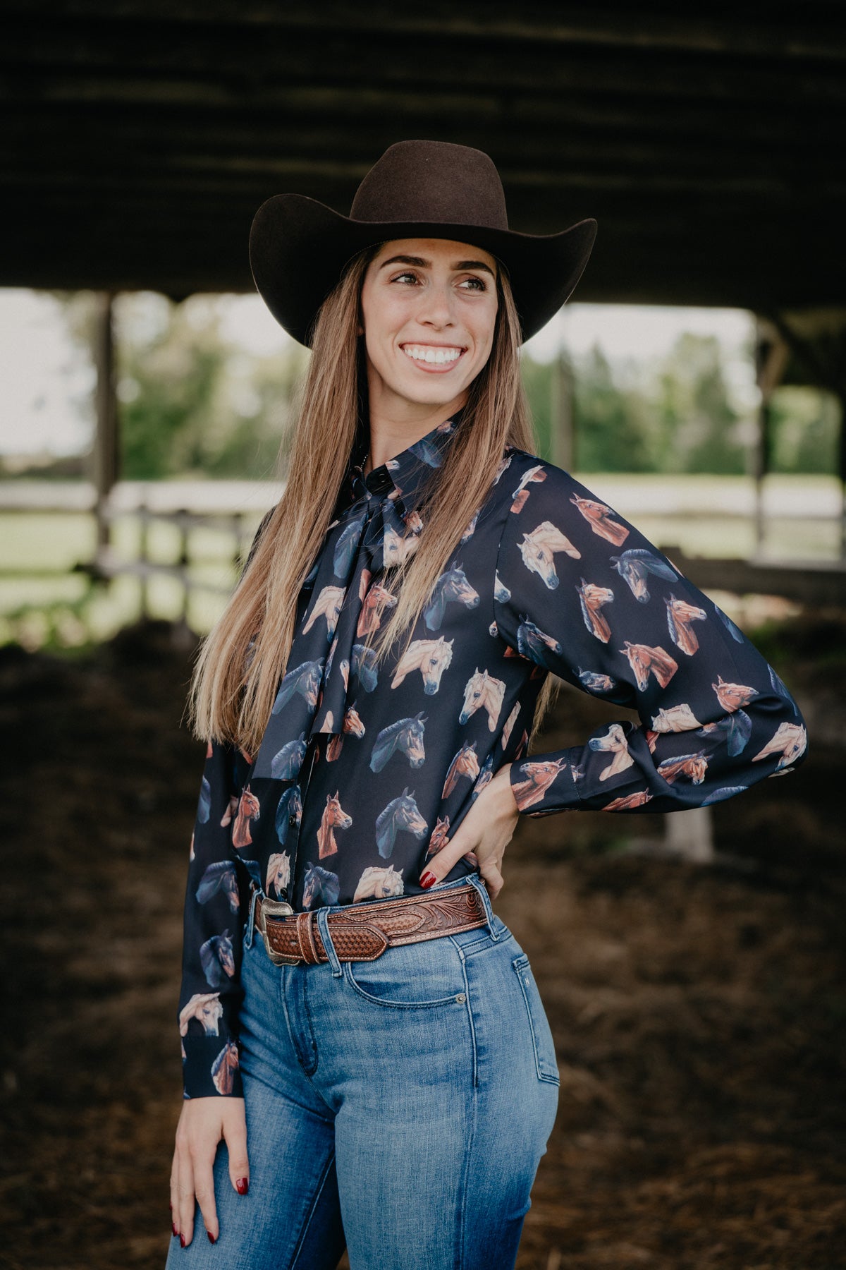'Charlotte' Women's Black Horse Print Tie Button Up Blouse