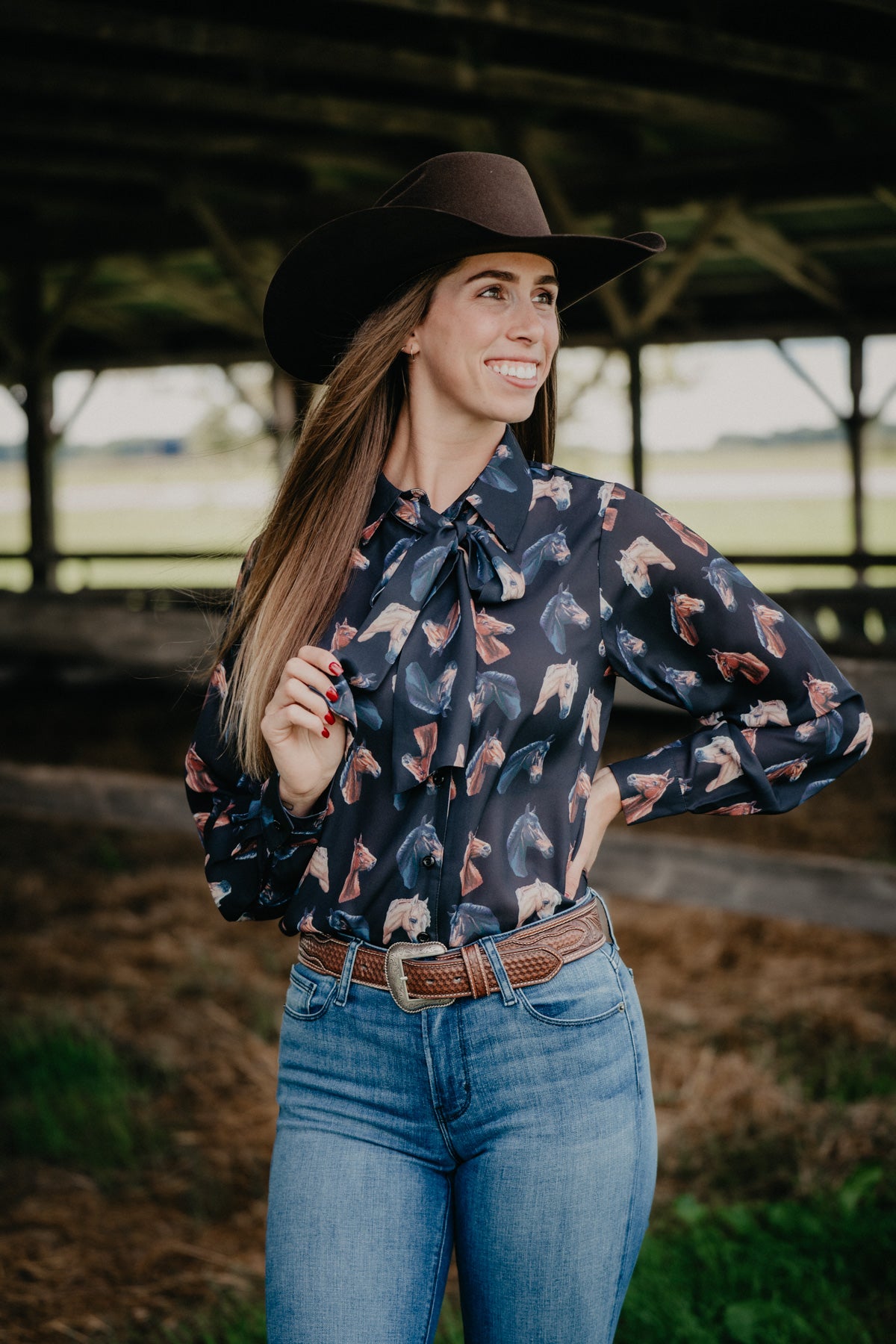 'Charlotte' Women's Black Horse Print Tie Button Up Blouse