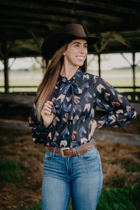 'Charlotte' Women's Black Horse Print Tie Button Up Blouse