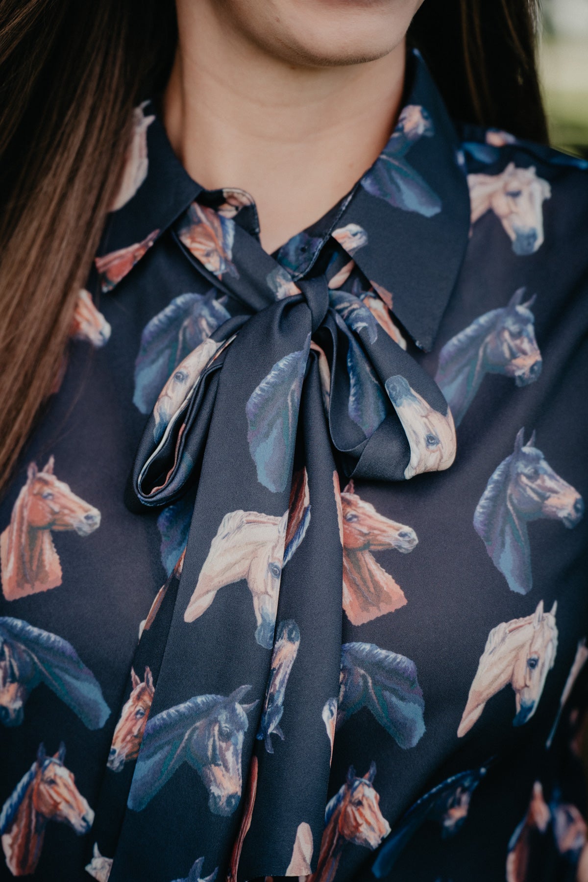 'Charlotte' Women's Black Horse Print Tie Button Up Blouse