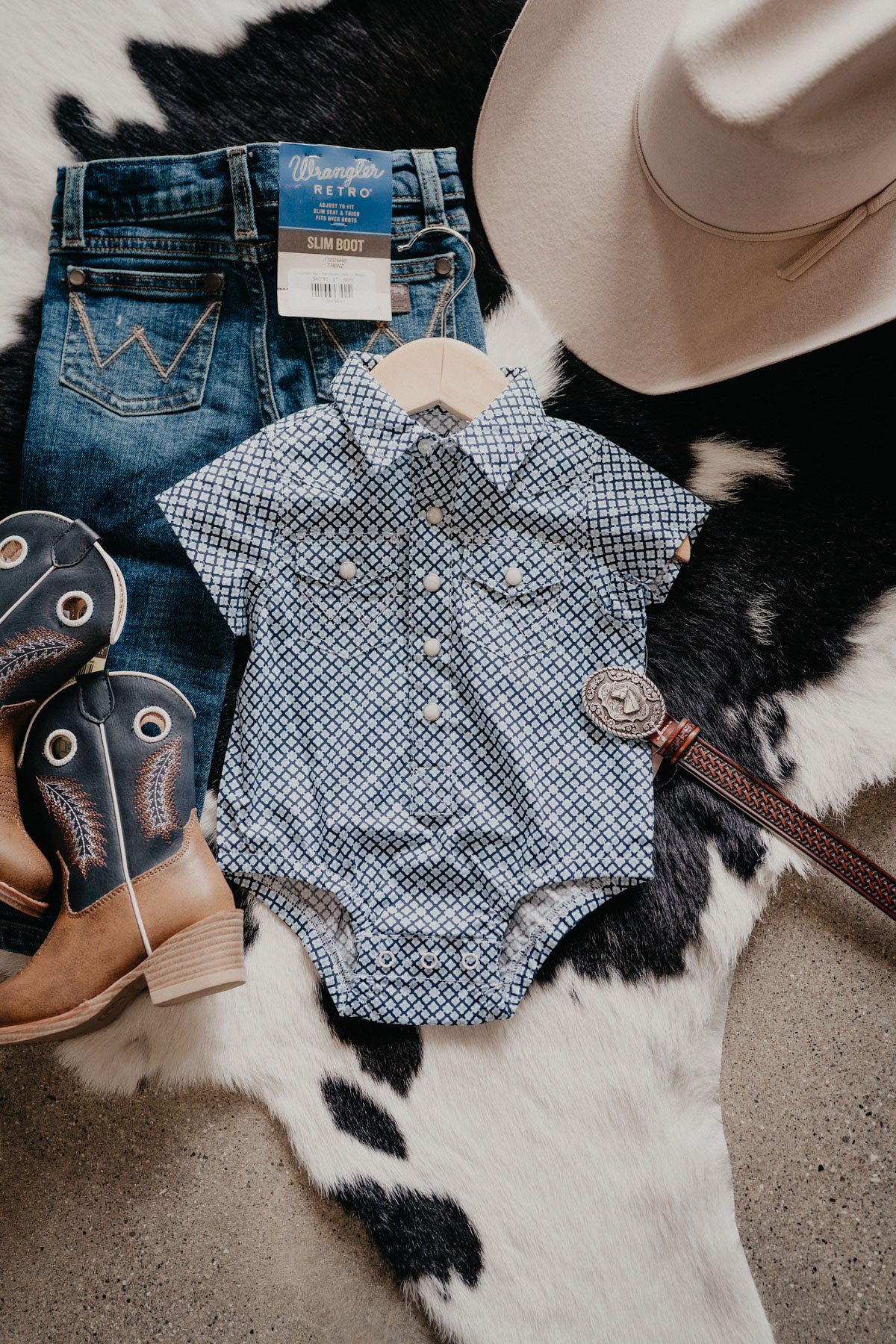 'Georgie' Wrangler Baby Boy Blue Geometric Short Sleeve Onesie (0-3M-24M)