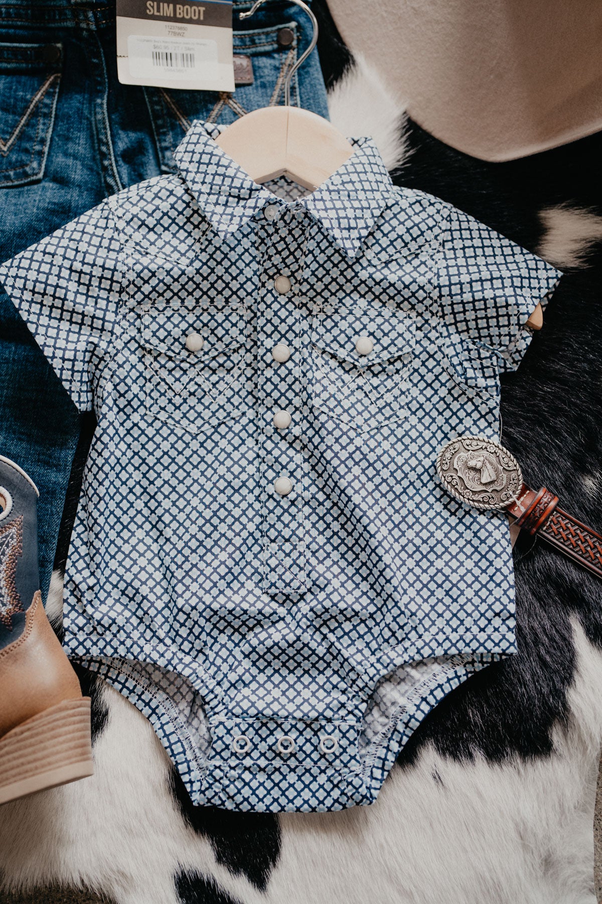 'Georgie' Wrangler Baby Boy Blue Geometric Short Sleeve Onesie (0-3M-24M)