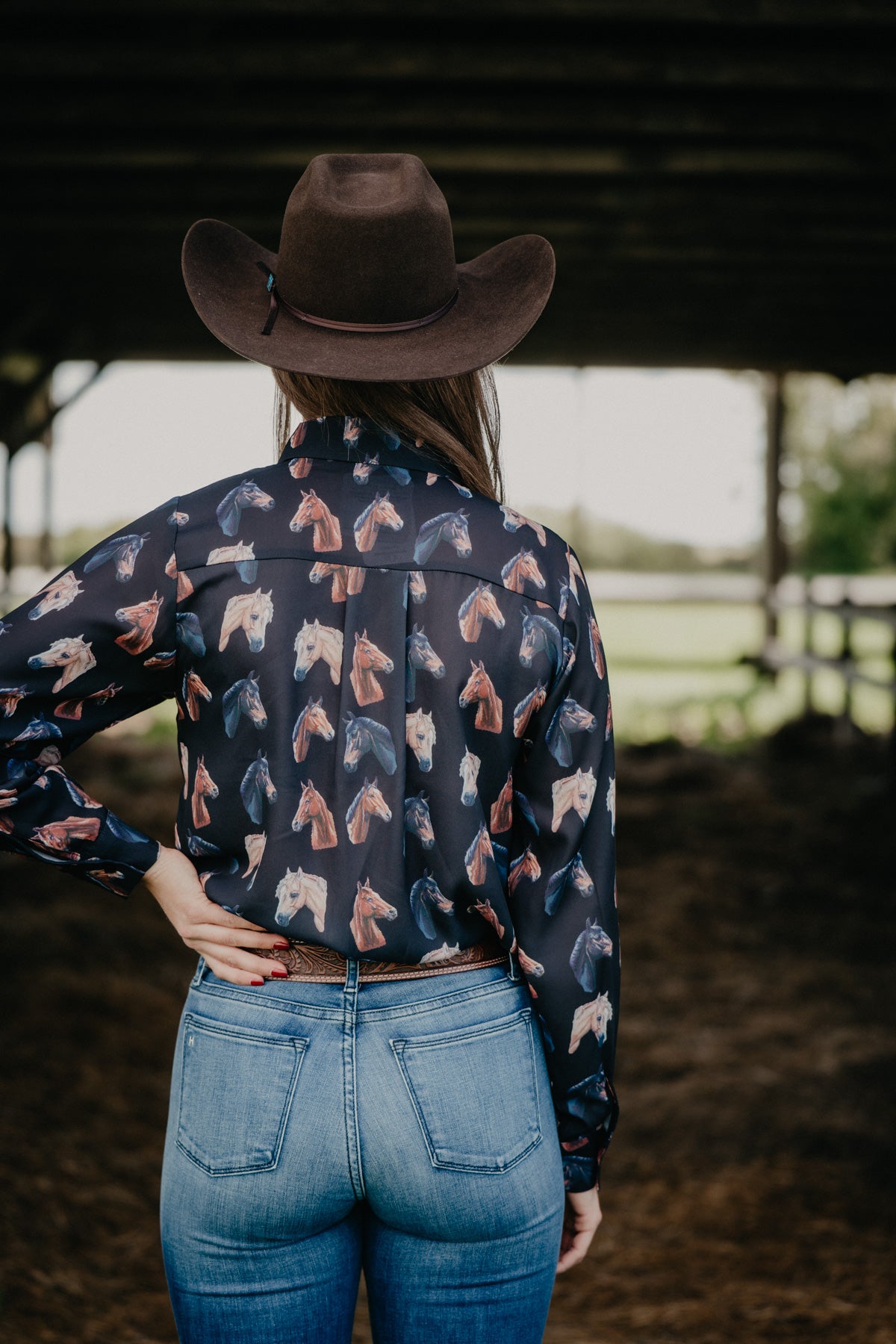 'Charlotte' Women's Black Horse Print Tie Button Up Blouse