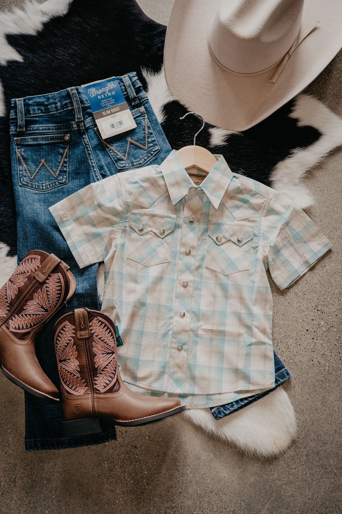 'Steven' Wrangler Boy's Short Sleeve Plaid Pearl Snap Shirt (XXS-XXL)