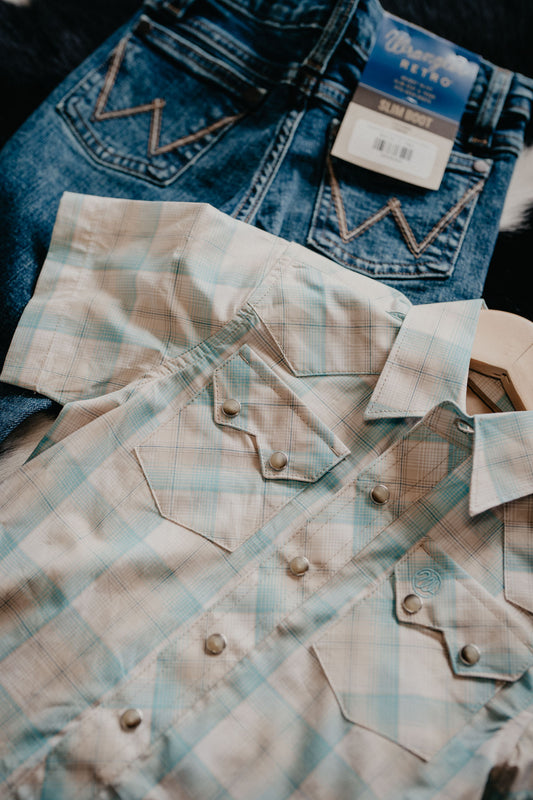 'Steven' Wrangler Boy's Short Sleeve Plaid Pearl Snap Shirt (XXS-XXL)